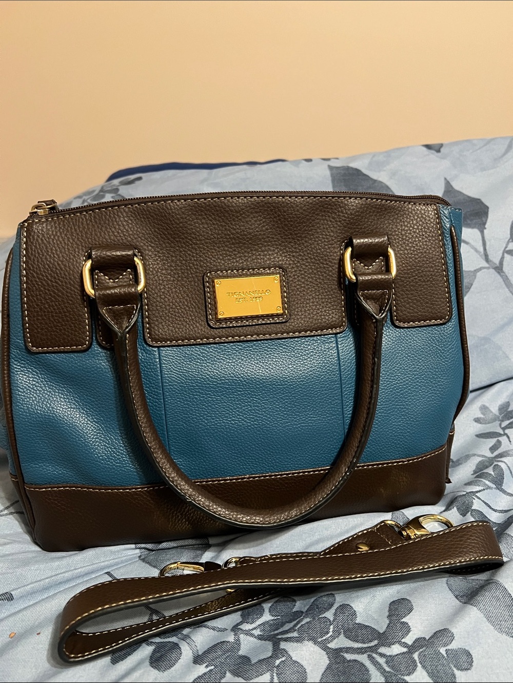 Tignanello Teal and Brown Leather Satchel Bag with Detachable Strap